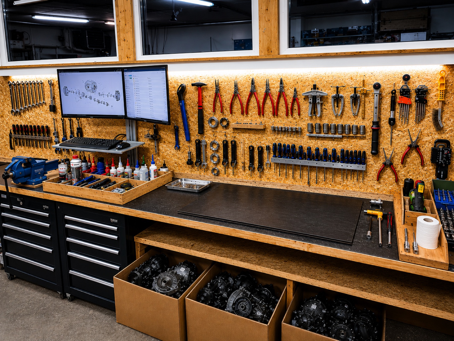 Werkzeugwand und Bosch-Motorboxen in der Werkstatt von R & S E-Bike